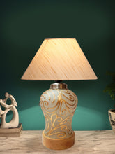 Conical Off White Cotton Shade Lamp with Wood & Mosaic Glass Base